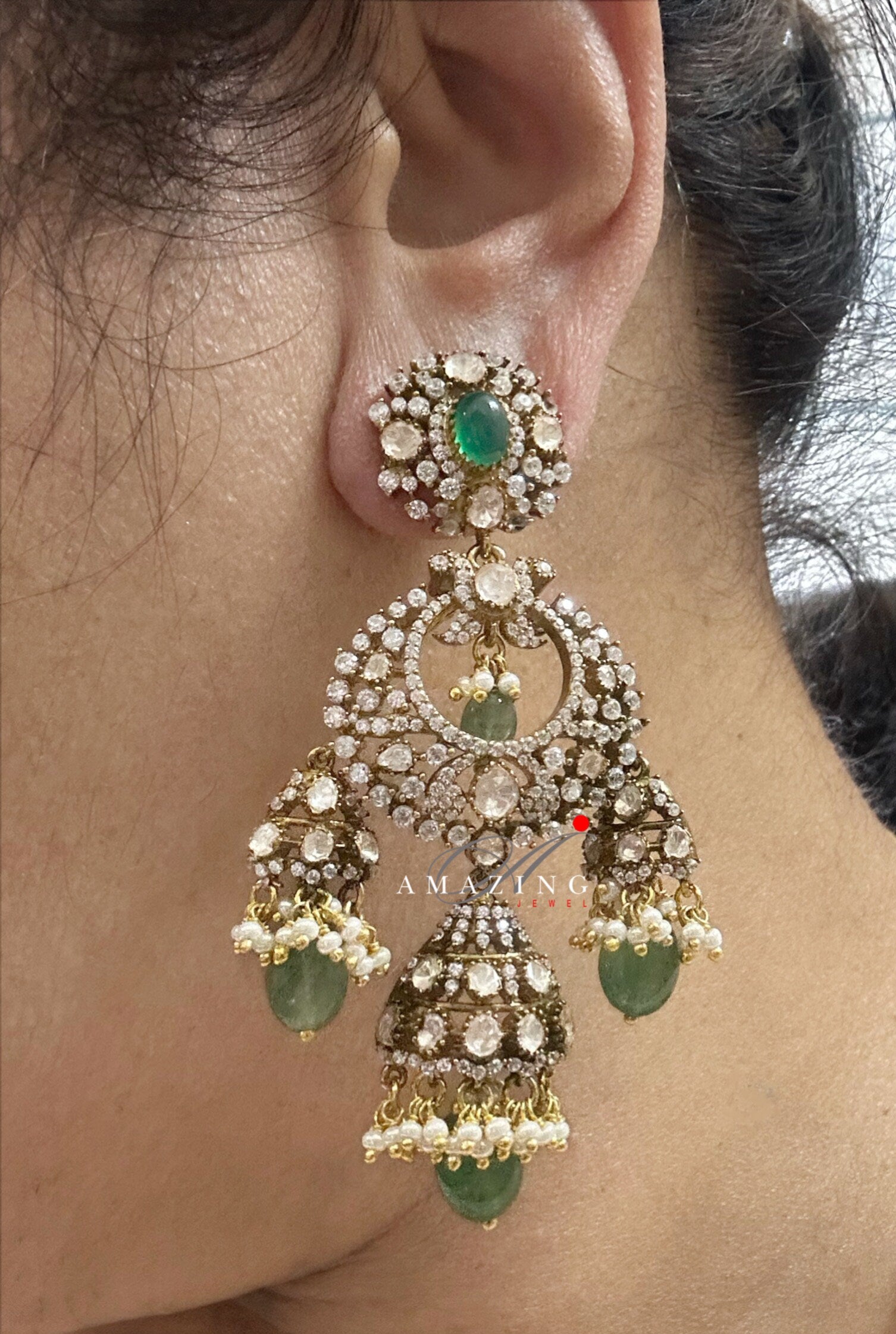 Silver Moissanite Polki Swarovski Stones Earring, Kundan Earring, Bridal Jewelery, South Indian Jewellery, 925 Silver Uncut Oxidised Earring