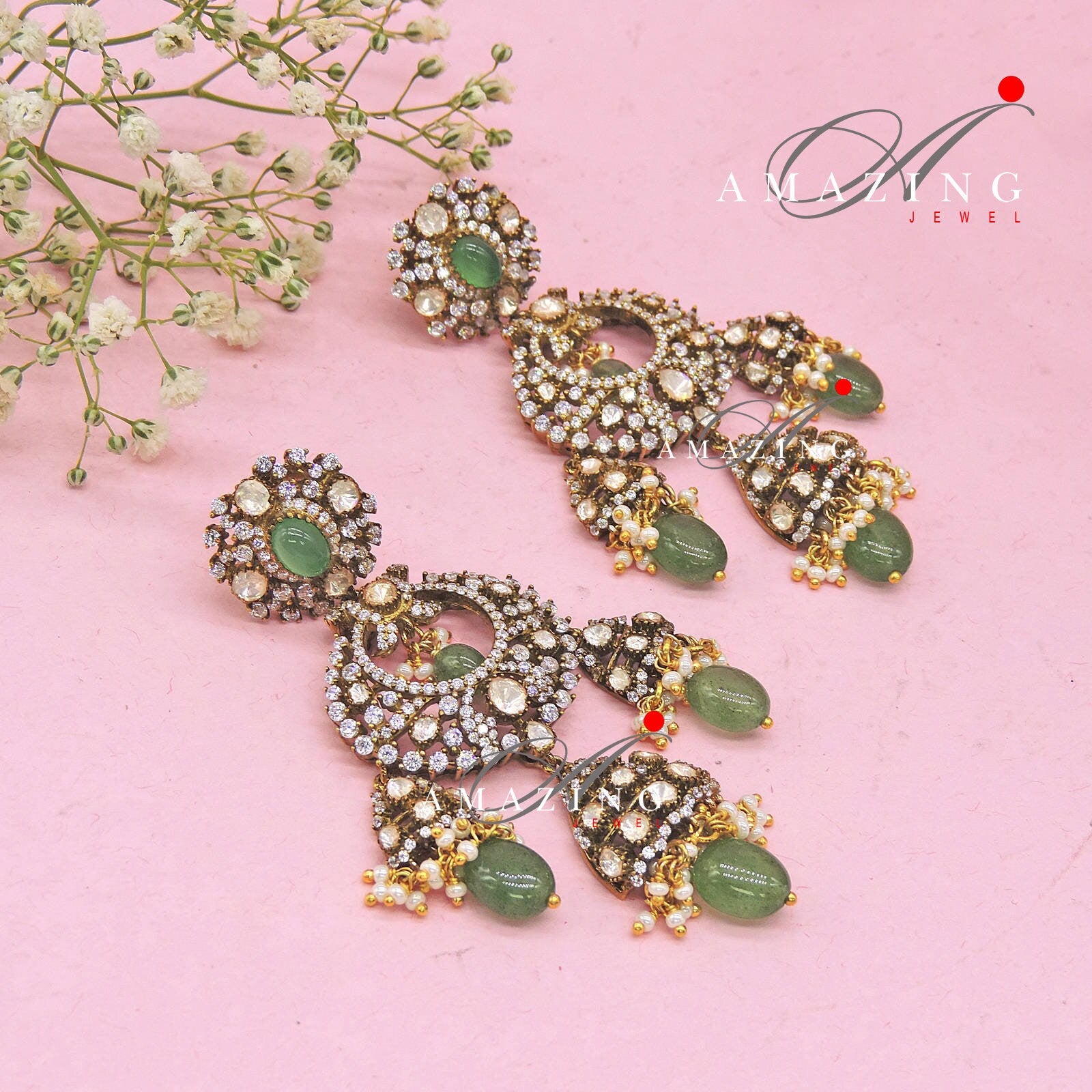 Silver Moissanite Polki Swarovski Stones Earring, Kundan Earring, Bridal Jewelery, South Indian Jewellery, 925 Silver Uncut Oxidised Earring