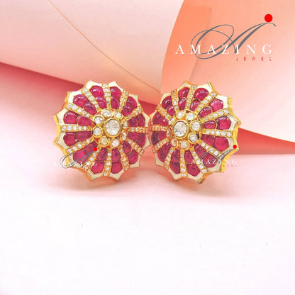 Silver Moissanite Polki with Hydro Ruby Chips Earring Moissanite Polki Kundan Stud Indian Wedding Jewelery Everyday Wear Studs Earrings