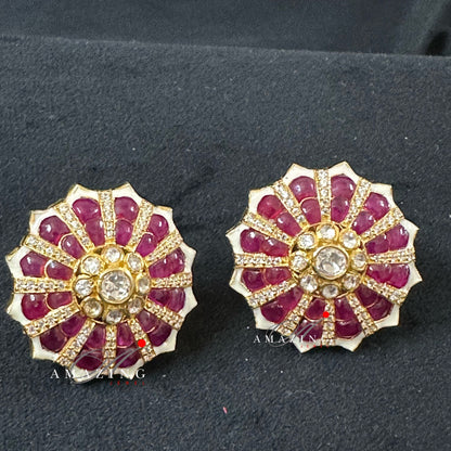 Silver Moissanite Polki with Hydro Ruby Chips Earring Moissanite Polki Kundan Stud Indian Wedding Jewelery Everyday Wear Studs Earrings