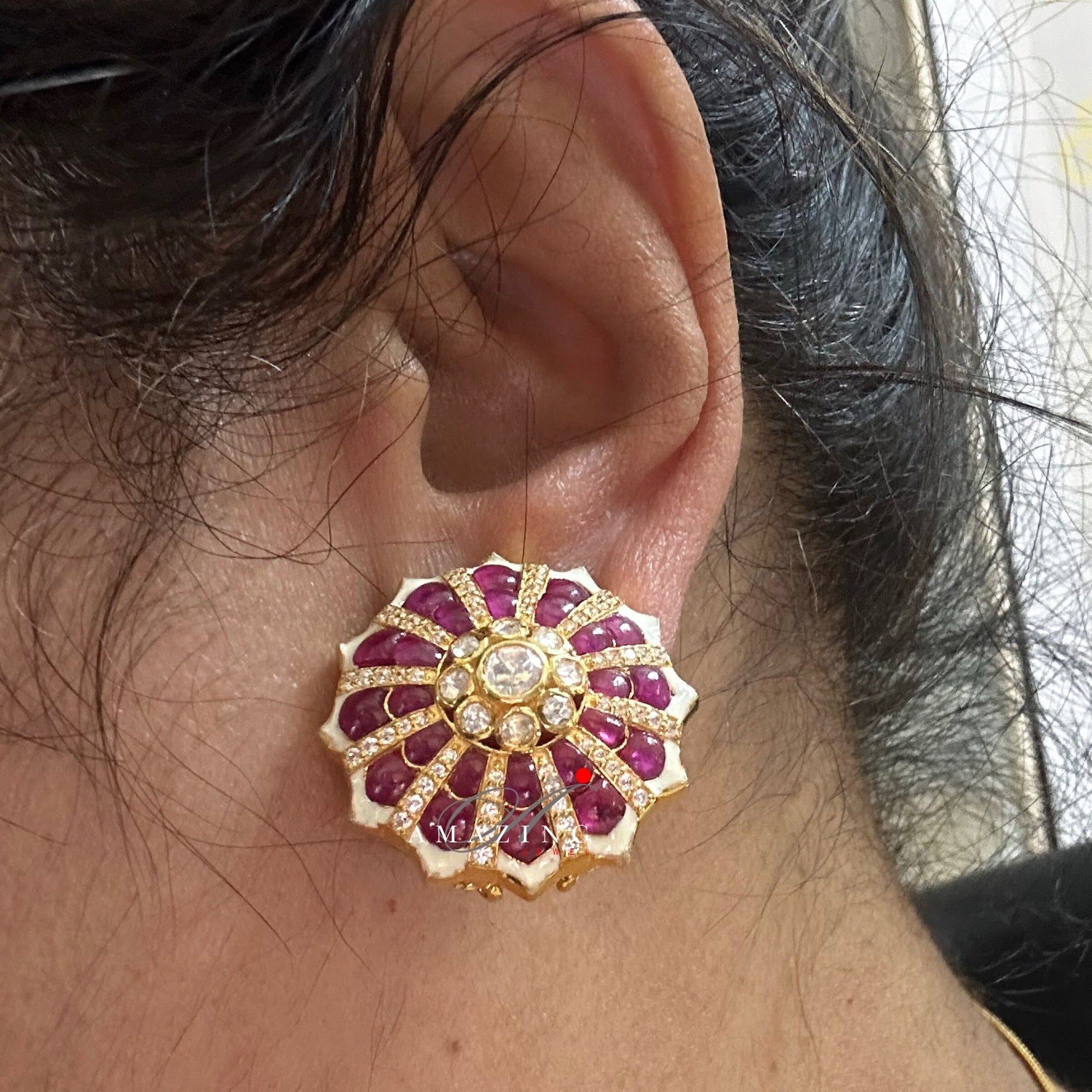 Silver Moissanite Polki with Hydro Ruby Chips Earring Moissanite Polki Kundan Stud Indian Wedding Jewelery Everyday Wear Studs Earrings