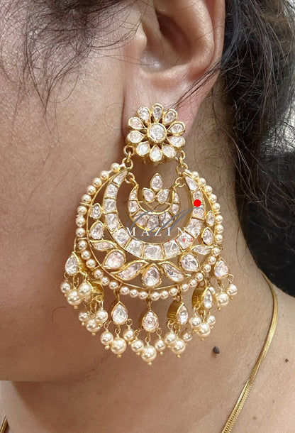 Silver Moissanite Polki  Earring | Moissanite  Polki Kundan Chandbali | Bridal Jewellery | Traditional Jewellery |  Sterling Silver Earring