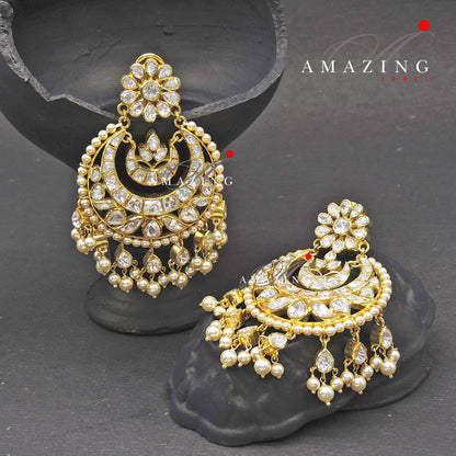 Silver Moissanite Polki  Earring | Moissanite  Polki Kundan Chandbali | Bridal Jewellery | Traditional Jewellery |  Sterling Silver Earring