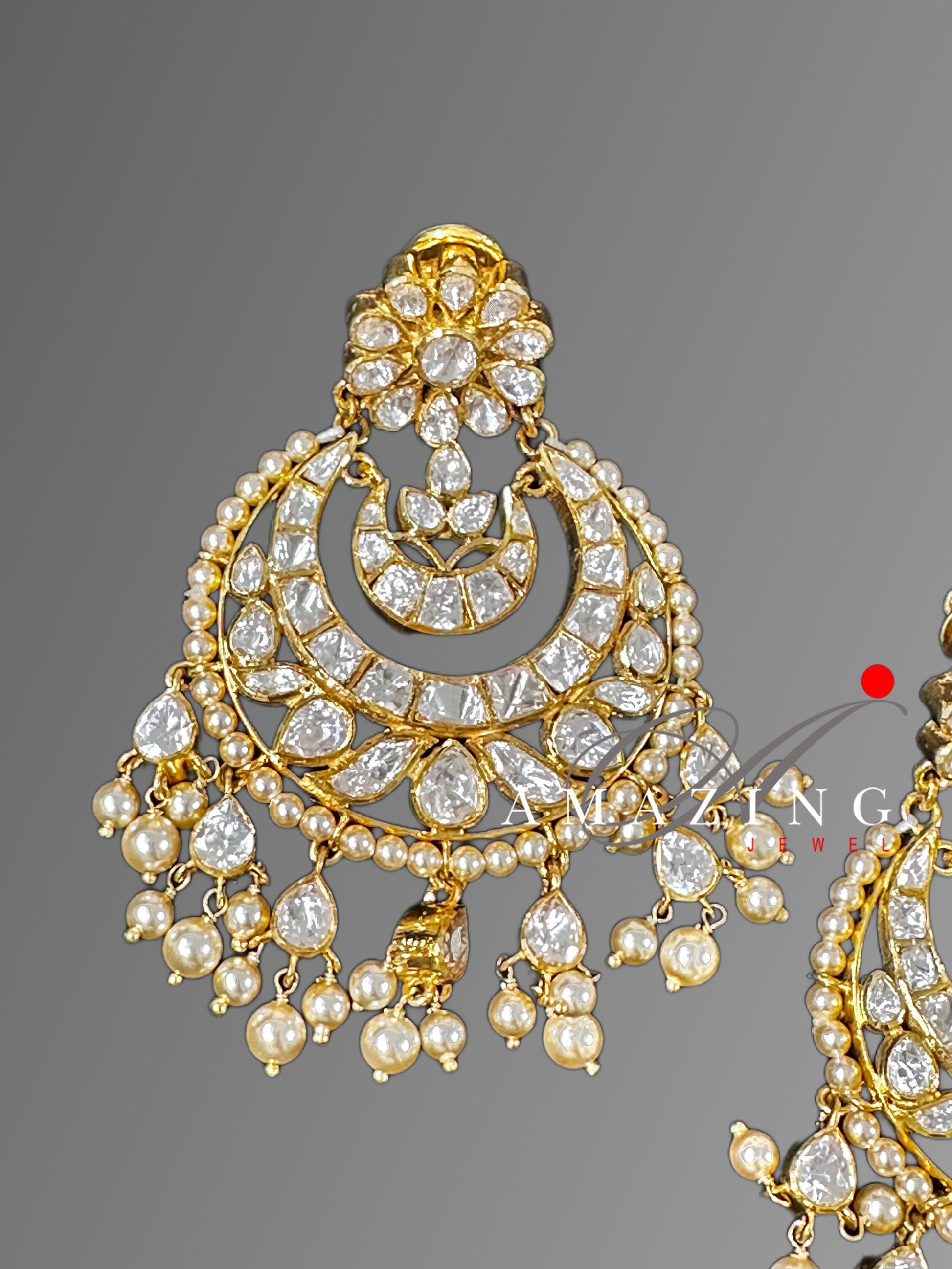 Silver Moissanite Polki  Earring | Moissanite  Polki Kundan Chandbali | Bridal Jewellery | Traditional Jewellery |  Sterling Silver Earring