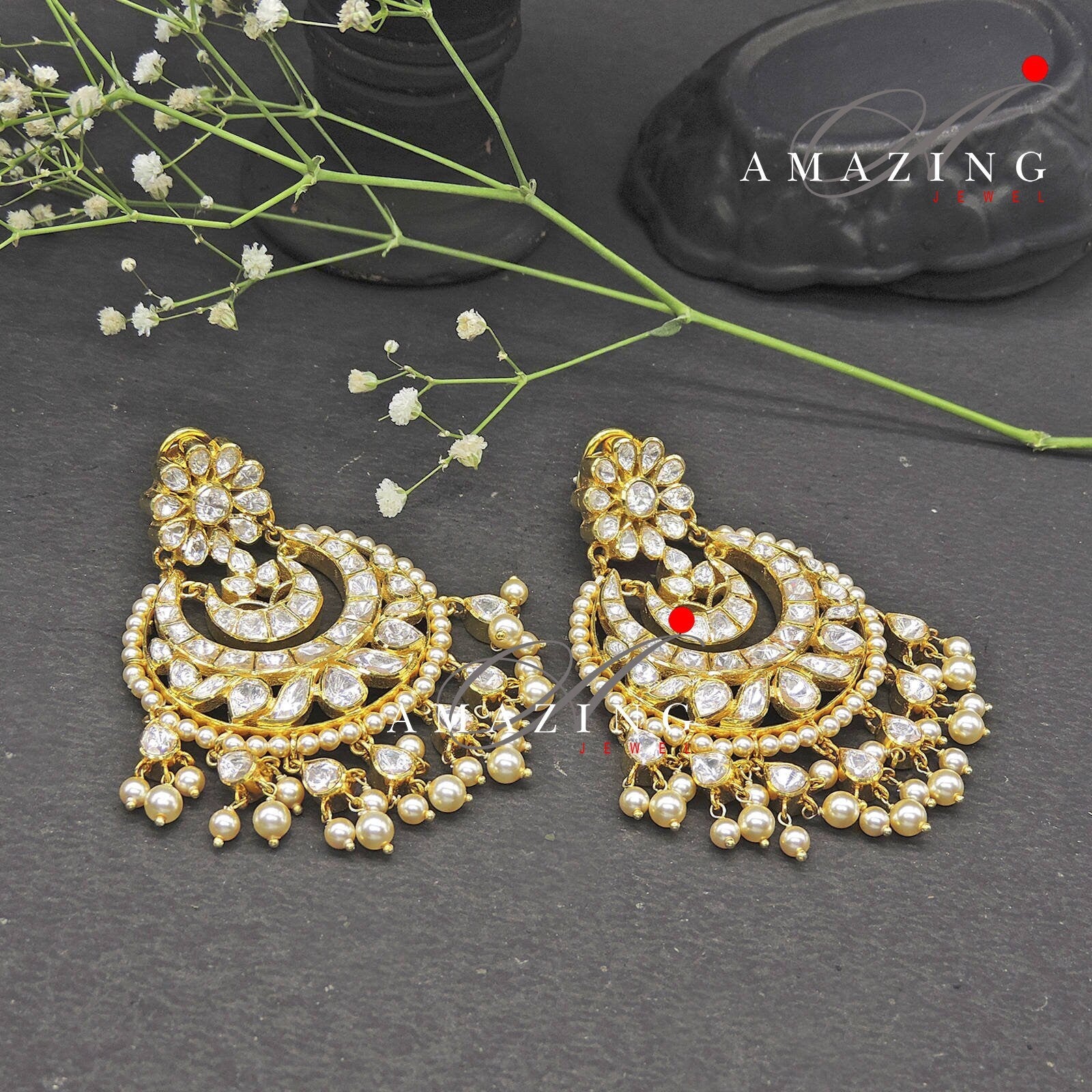 Silver Moissanite Polki  Earring | Moissanite  Polki Kundan Chandbali | Bridal Jewellery | Traditional Jewellery |  Sterling Silver Earring