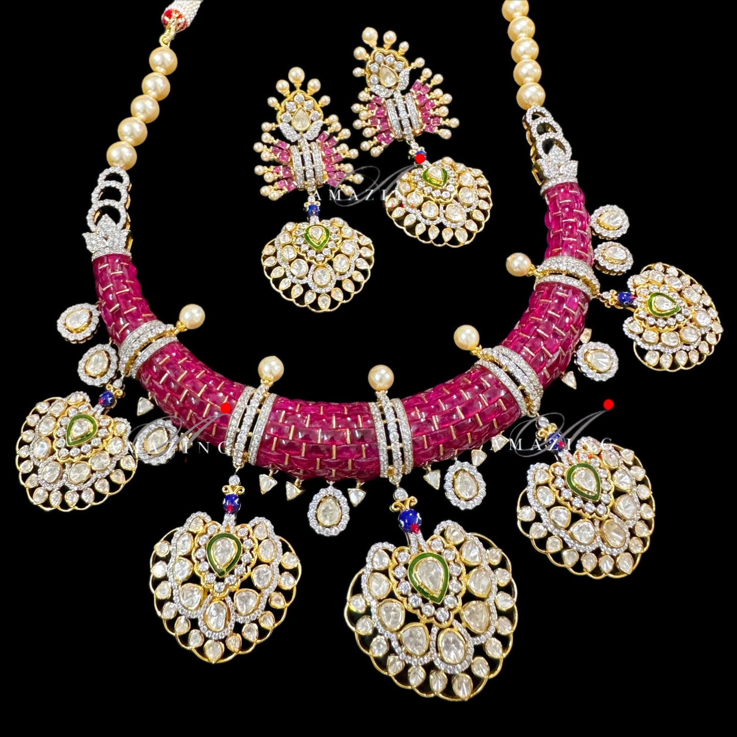 Silver Moissanite Polki Ruby Hasli set,Red Chip Stones Jewelery, Traditional Wedding Jewelery, Bridal Necklace Set, Necklace Set, Earring