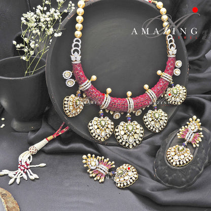 Silver Moissanite Polki Ruby Hasli set,Red Chip Stones Jewelery, Traditional Wedding Jewelery, Bridal Necklace Set, Necklace Set, Earring