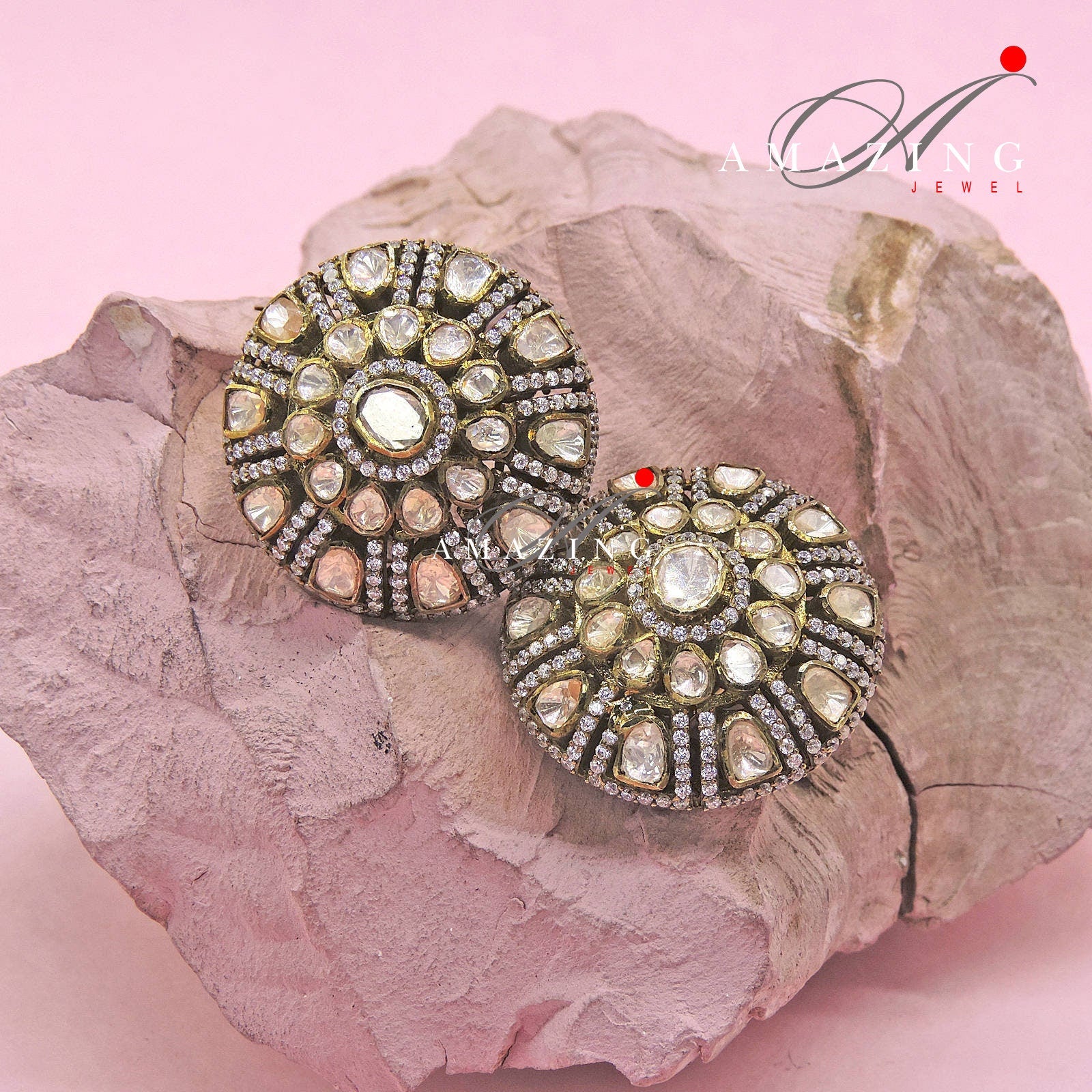 Silver Moissanite Polki Earring, Moissanite Polki Studs, Silver Stud, Earring, Bridal Jewelery, Oxidised Earring, Women Jewelery, Handmade