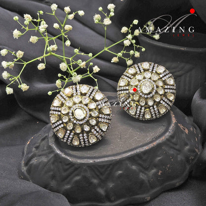 Silver Moissanite Polki Earring, Moissanite Polki Studs, Silver Stud, Earring, Bridal Jewelery, Oxidised Earring, Women Jewelery, Handmade