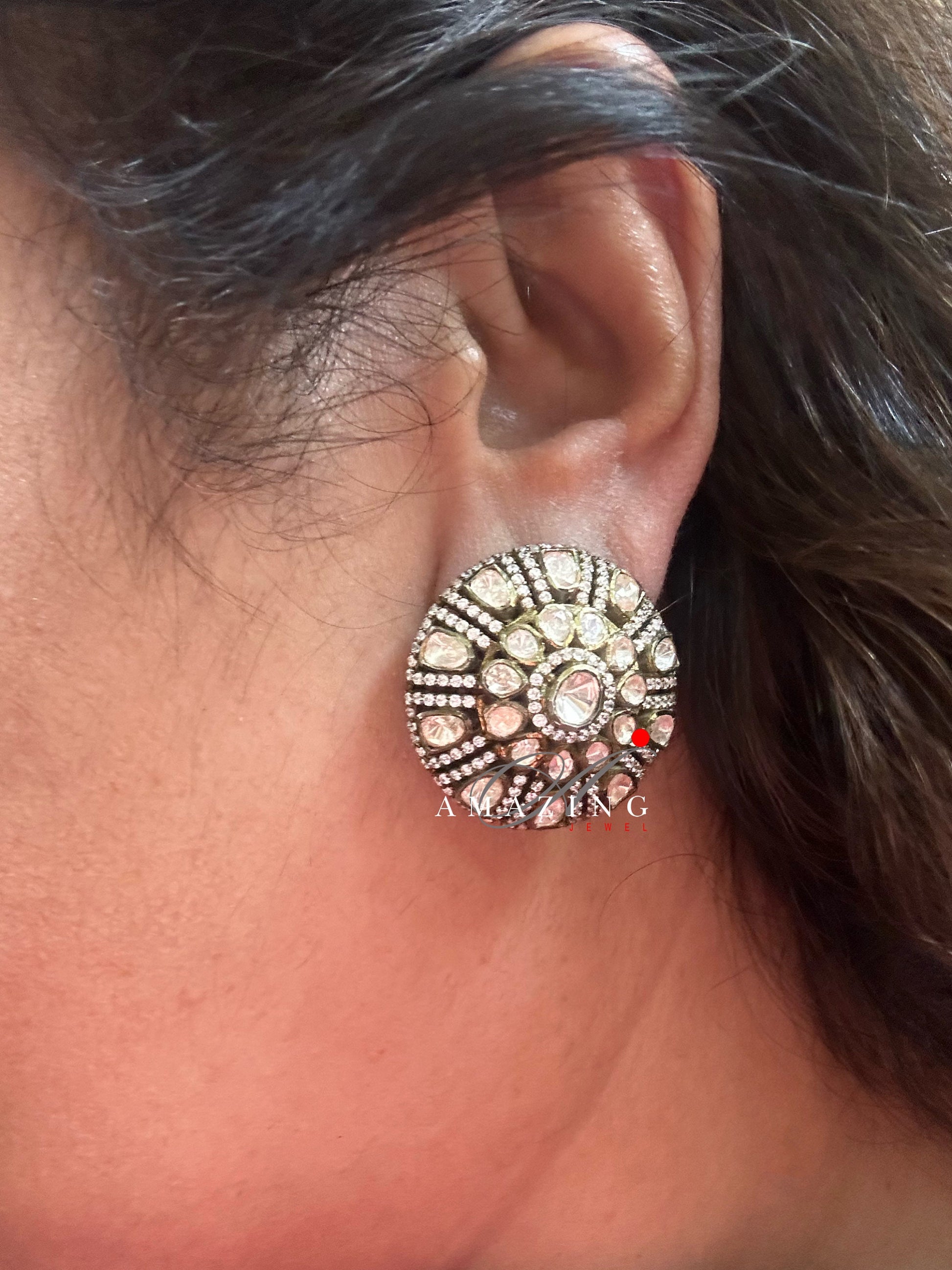 Silver Moissanite Polki Earring, Moissanite Polki Studs, Silver Stud, Earring, Bridal Jewelery, Oxidised Earring, Women Jewelery, Handmade