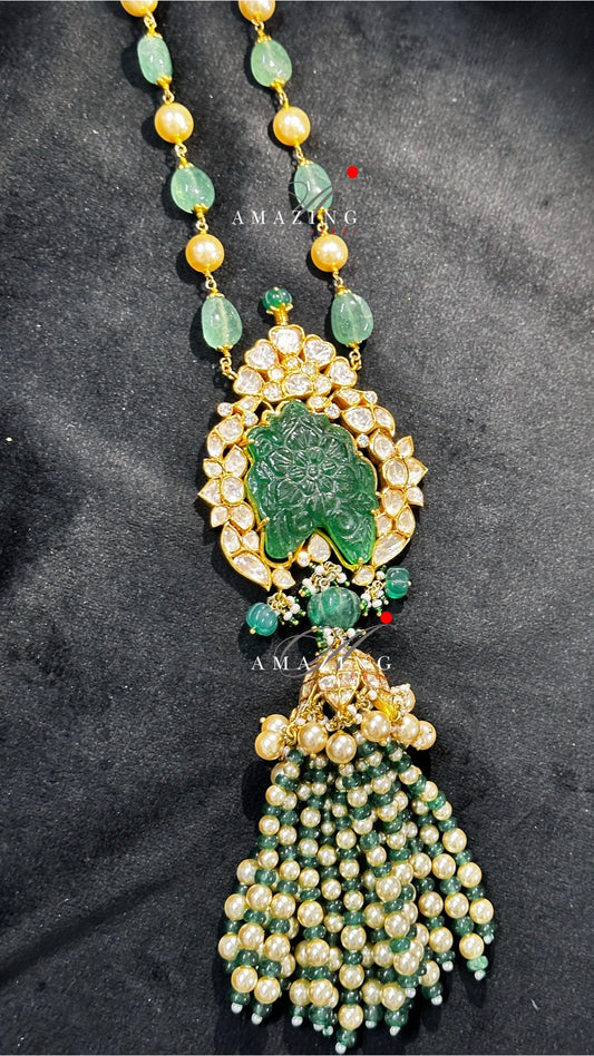 Silver Mossanite Polki Emerald Beads Necklace, Indian Wedding Jewellery,   Bridal Jewellery Necklace, Silver Tassel Pendant, Tassel, Lariat