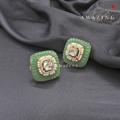 Silver Moissanite Polki Emerald Craved Stone Earring, Wedding Jewelery, Moissanite Polki Stud, PartyWear Stud, Silver Earring, Earring, Stud