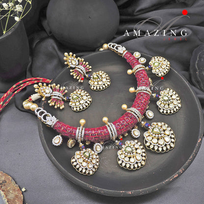 Silver Moissanite Polki Ruby Hasli set,Red Chip Stones Jewelery, Traditional Wedding Jewelery, Bridal Necklace Set, Necklace Set, Earring