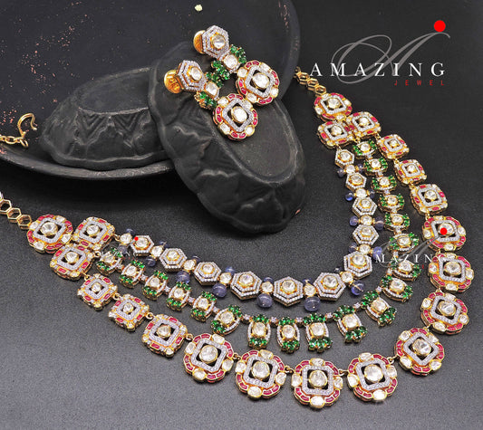 Silver Moissanite Polki Necklace Set  Indian Traditional Wedding Jewelry Set Bridal Jewelry Women Jewelry 925 Sterling Silver Polki Set