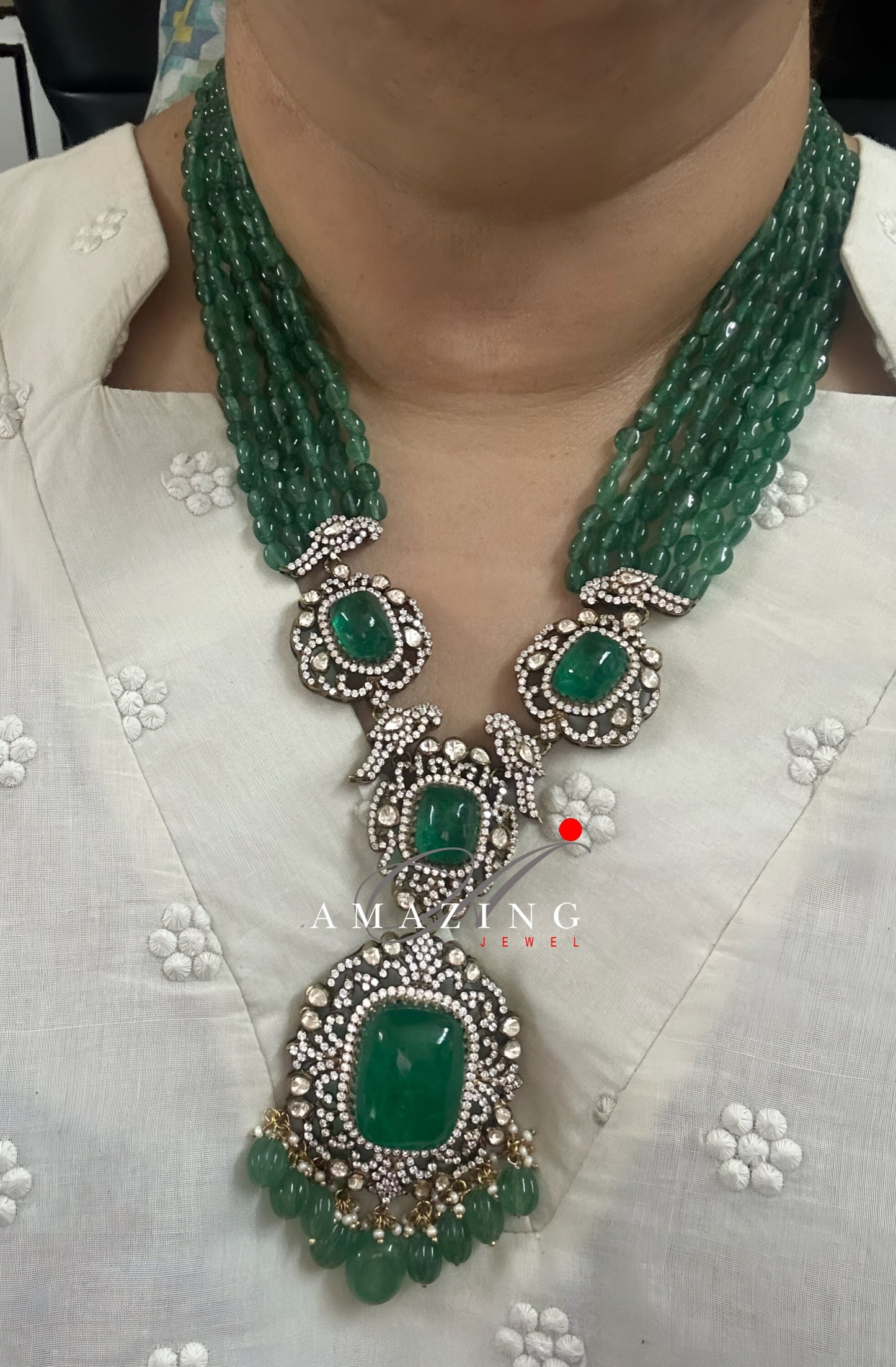 Silver Mossanite Polki Hydro Emerald Tumble Necklace Set, Wedding Jewellery, Traditional Jewellery, Bridal Jewellery, Necklace set, Earring