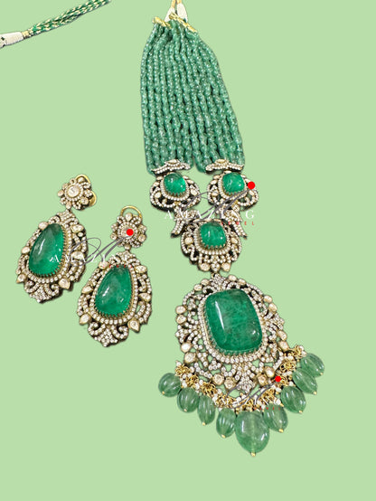 Silver Mossanite Polki Hydro Emerald Tumble Necklace Set, Wedding Jewellery, Traditional Jewellery, Bridal Jewellery, Necklace set, Earring