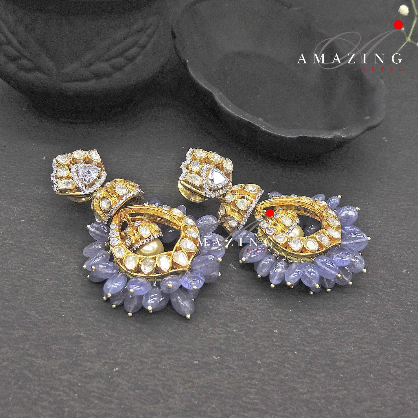 Silver Moissanite and Tanzanite Polki Earring, Moissanite Polki Earring, Wedding Jewelery, Indian Jewelery, Traditional Earring, Chandbali