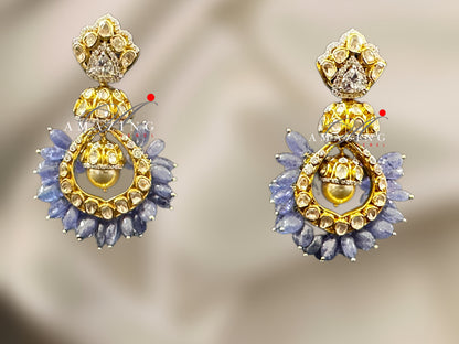 Silver Moissanite and Tanzanite Polki Earring, Moissanite Polki Earring, Wedding Jewelery, Indian Jewelery, Traditional Earring, Chandbali