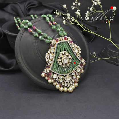 Silver Moissanite Polki Emerald, Ruby Pendant Set, Polki Jewellery, Wedding Jewellery, Emerald Polki Set, Traditional Jewellery, Pendant Set