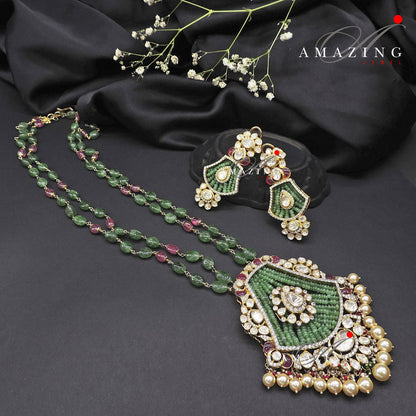 Silver Moissanite Polki Emerald, Ruby Pendant Set, Polki Jewellery, Wedding Jewellery, Emerald Polki Set, Traditional Jewellery, Pendant Set