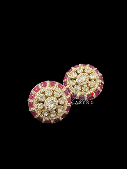 Silver Moissanite Polki with Swarovski Ruby Chip Earring, Moissanite Polki Stud, Wedding Jewellery, Everyday Wear Studs, Earring, Stud