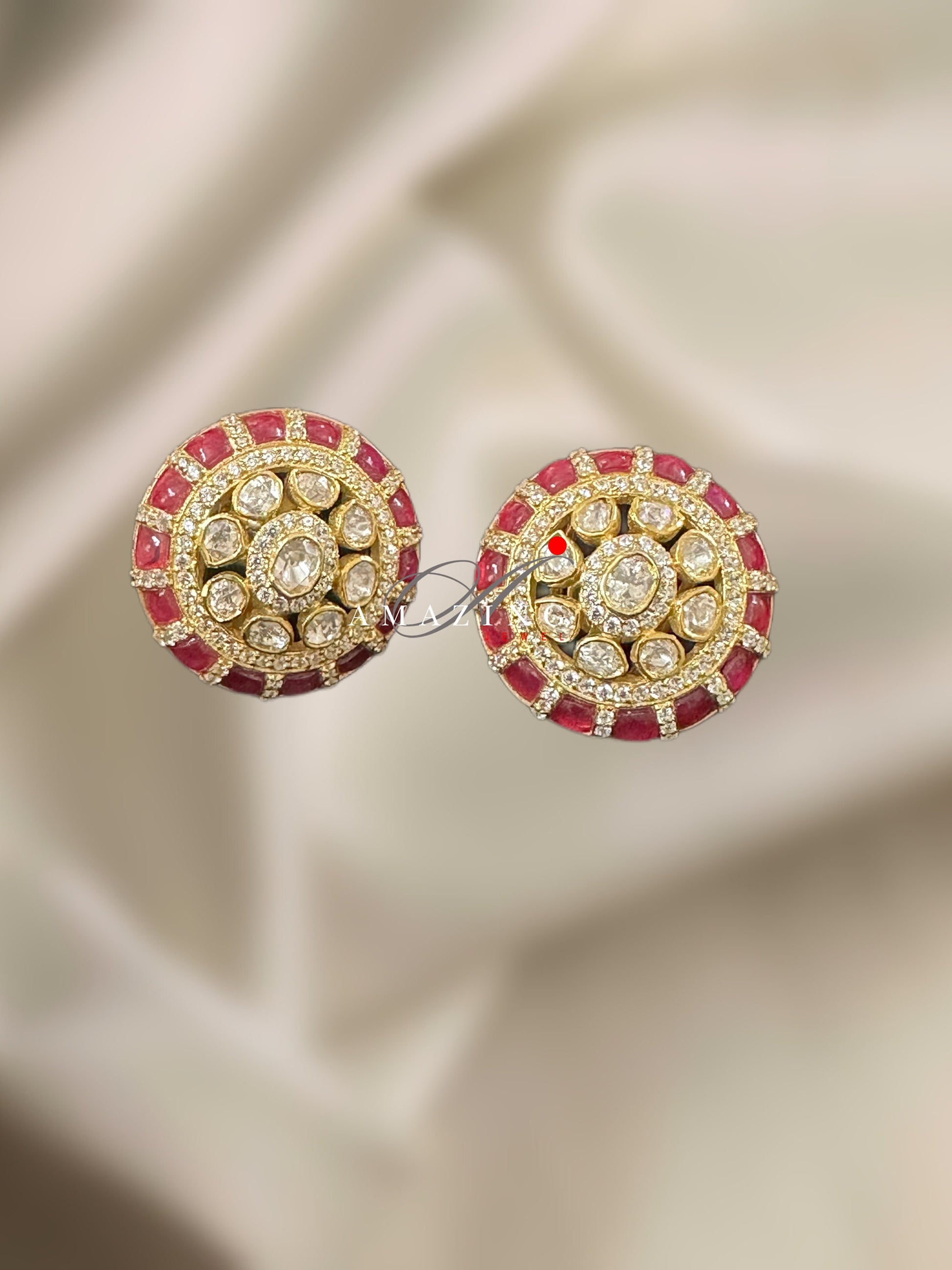 Silver Moissanite Polki with Swarovski Ruby Chip Earring, Moissanite Polki Stud, Wedding Jewellery, Everyday Wear Studs, Earring, Stud