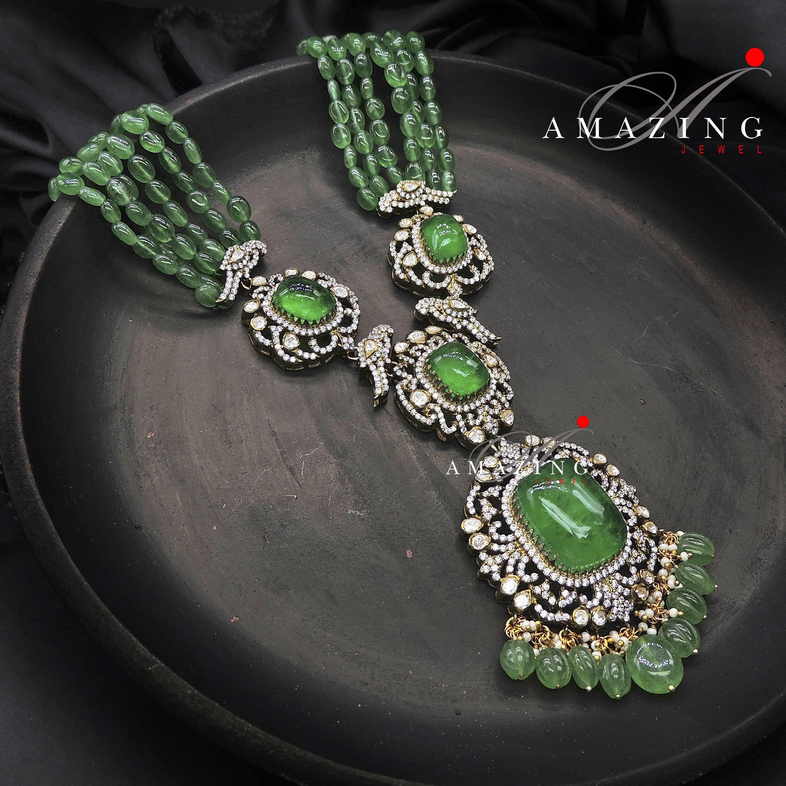 Silver Mossanite Polki Hydro Emerald Tumble Necklace Set, Wedding Jewellery, Traditional Jewellery, Bridal Jewellery, Necklace set, Earring