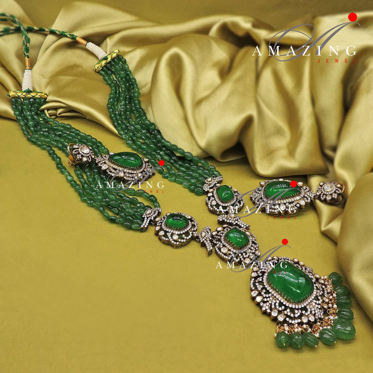 Silver Mossanite Polki Hydro Emerald Tumble Necklace Set, Wedding Jewellery, Traditional Jewellery, Bridal Jewellery, Necklace set, Earring