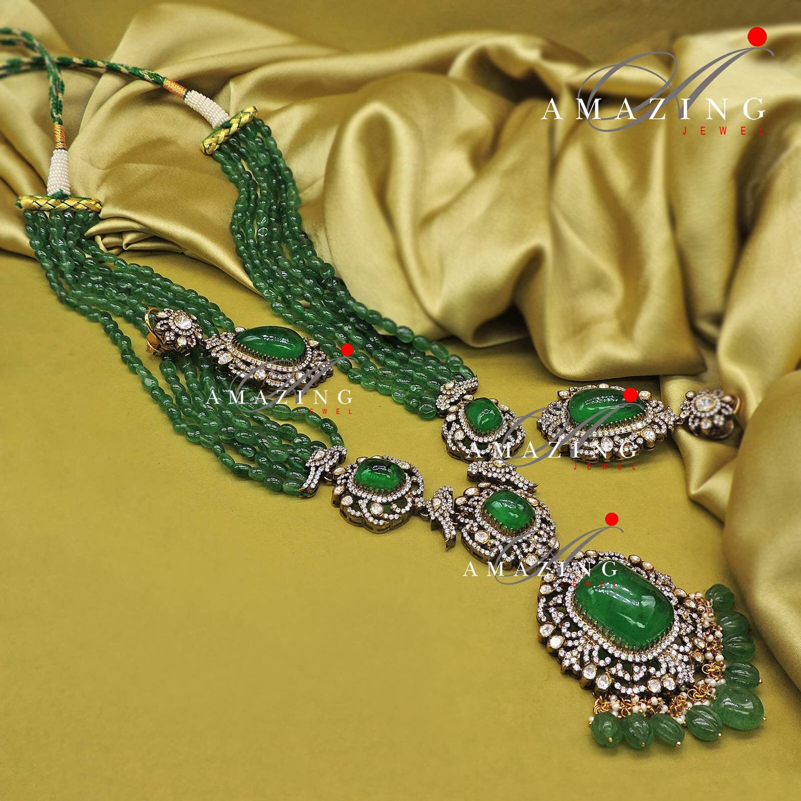 Silver Mossanite Polki Hydro Emerald Tumble Necklace Set, Wedding Jewellery, Traditional Jewellery, Bridal Jewellery, Necklace set, Earring