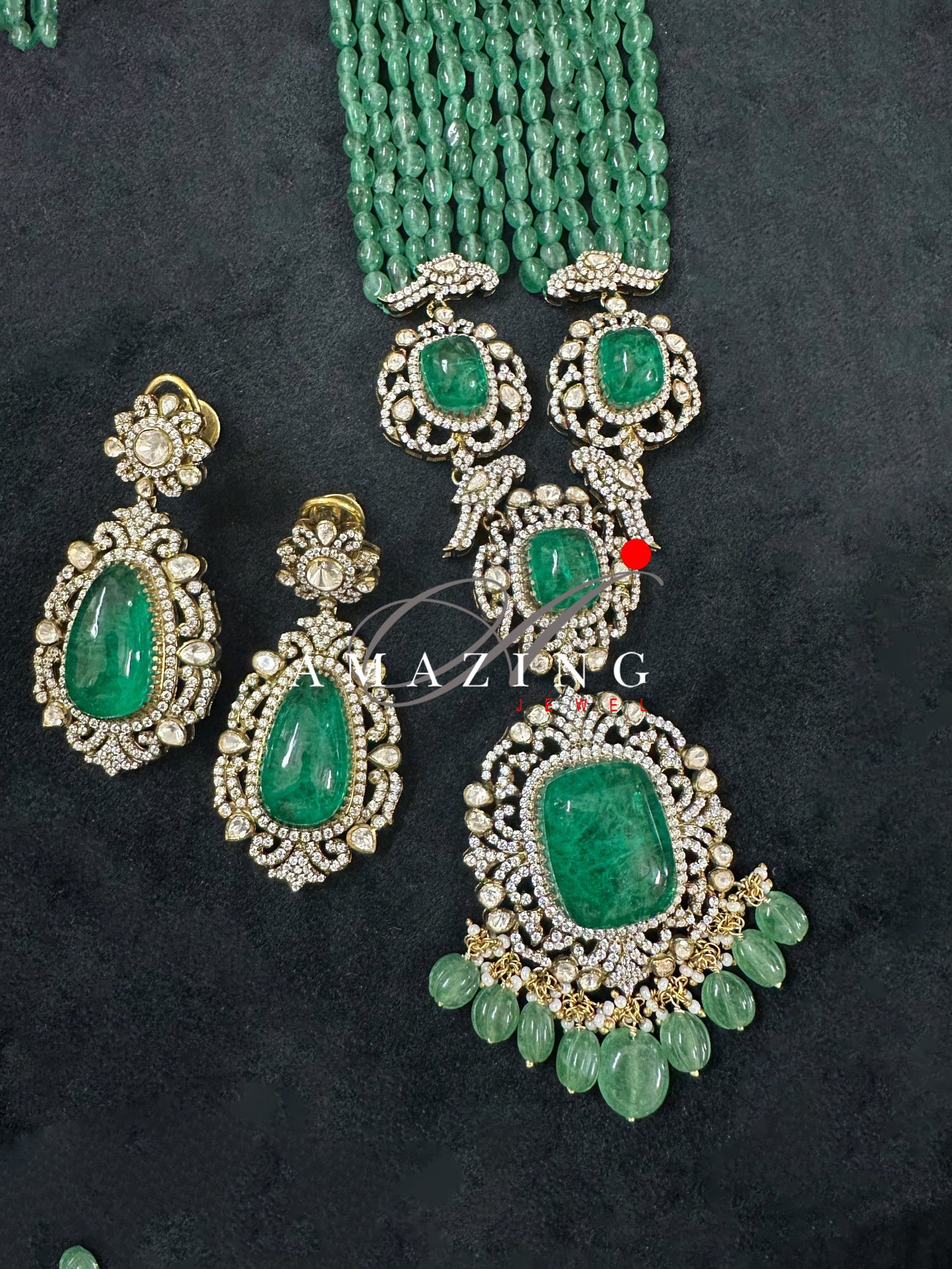 Silver Mossanite Polki Hydro Emerald Tumble Necklace Set, Wedding Jewellery, Traditional Jewellery, Bridal Jewellery, Necklace set, Earring