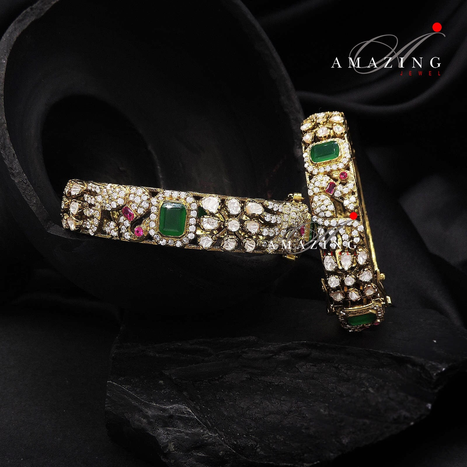 Silver Moissanite Polki Emerald Oxidized Bangle, Moissanite Polki Bangles, Bangles, Wedding Jewellery, 925 Silver, Polki Bangles, Bangles