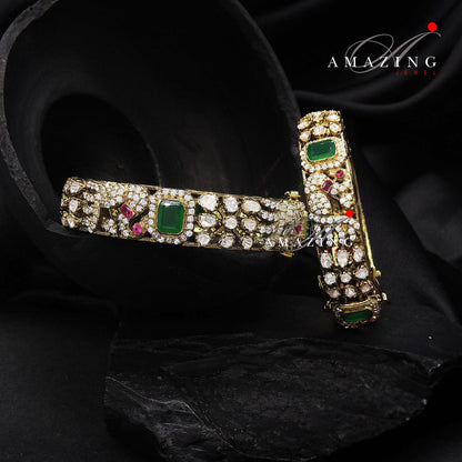 Silver Moissanite Polki Emerald Oxidized Bangle, Moissanite Polki Bangles, Bangles, Wedding Jewellery, 925 Silver, Polki Bangles, Bangles