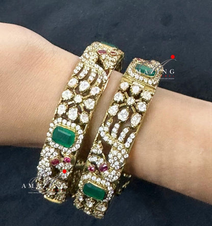 Silver Moissanite Polki Emerald Oxidized Bangle, Moissanite Polki Bangles, Bangles, Wedding Jewellery, 925 Silver, Polki Bangles, Bangles