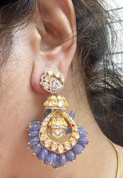 Silver Moissanite and Tanzanite Polki Earring, Moissanite Polki Earring, Wedding Jewelery, Indian Jewelery, Traditional Earring, Chandbali