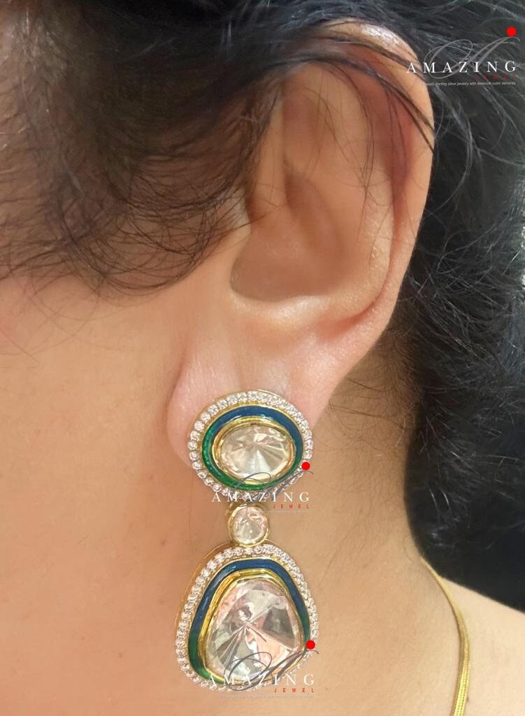 Silver Moissanite Single Polki Earrings, Moissanite Green Enamel Kundan Earring, Indian Wedding Jewellery ,Silver Moissanite Polki Earring