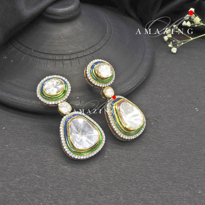 Silver Moissanite Single Polki Earrings, Moissanite Green Enamel Kundan Earring, Indian Wedding Jewellery ,Silver Moissanite Polki Earring