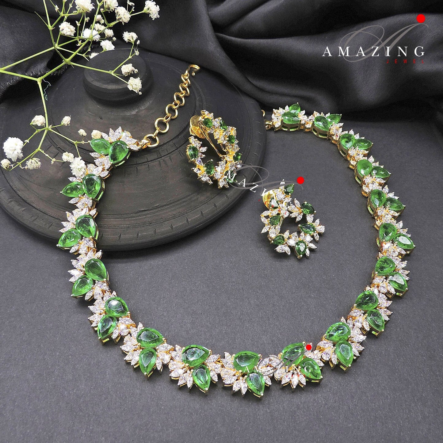 Silver Swarovski &Hydro Emerald Set, Wedding Jewellery Set, Traditional Jewellery, Bridal Jewellery, Silver Necklace Set, Diamond Look Alike