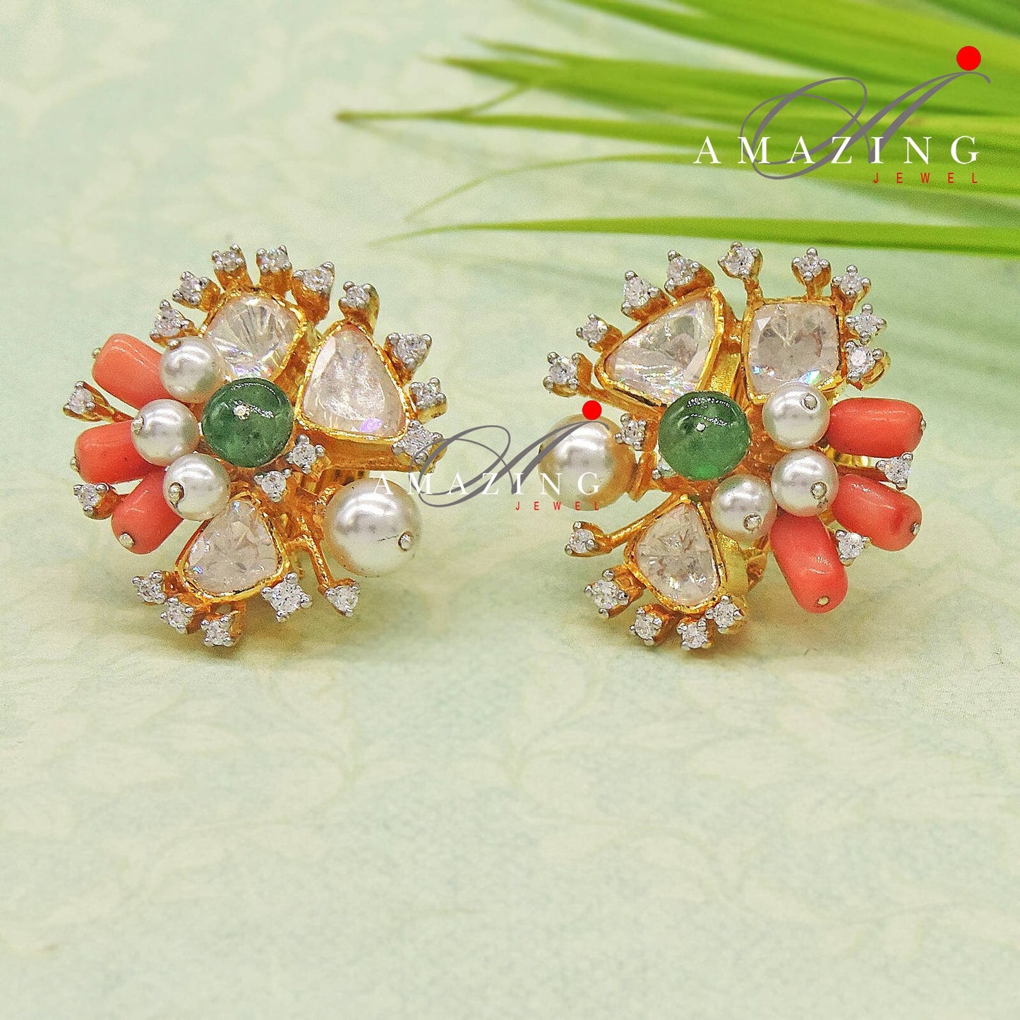 Silver Moissanite Polki withCoral&Emerald Earring, Moissanite Polki Stud, Wedding Jewellery, Everyday Wear Studs, Earring, Silver Polki Stud