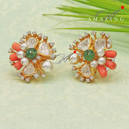 Silver Moissanite Polki withCoral&Emerald Earring, Moissanite Polki Stud, Wedding Jewellery, Everyday Wear Studs, Earring, Silver Polki Stud