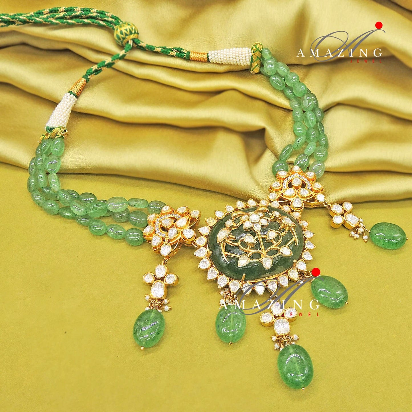 Silver Moissanite Polki set,Emerald Hydro Stone with Inlay Polki, Jewellery, Indian Traditional Wedding Jewellery Set, Choker Set, Earrings