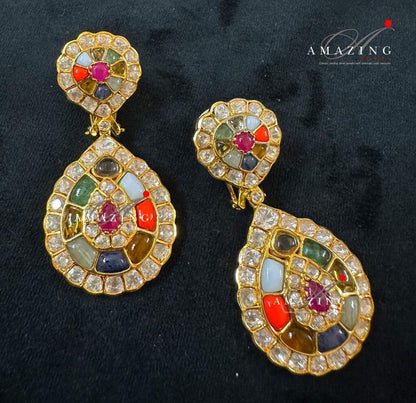 Silver Moissanite Polki Semi Precious Navratna Earring,  Polki Earrings, Indian Wedding Jewellery, Silver Earring, Wedding Jewelery, Earring