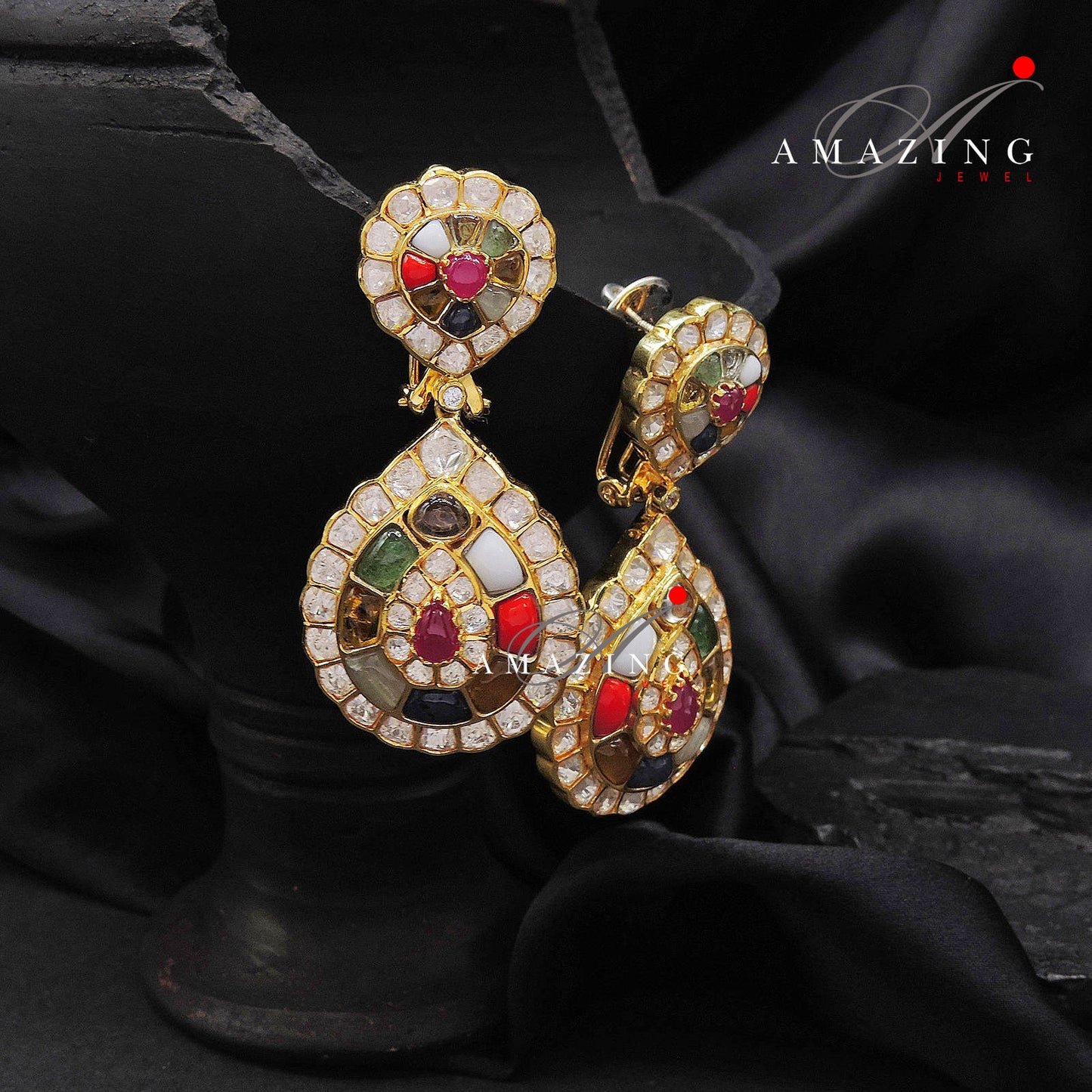 Silver Moissanite Polki Semi Precious Navratna Earring,  Polki Earrings, Indian Wedding Jewellery, Silver Earring, Wedding Jewelery, Earring