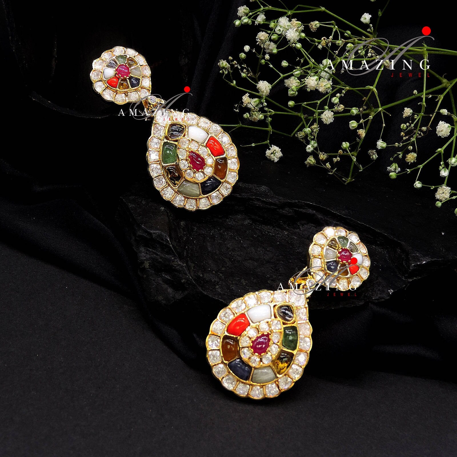 Silver Moissanite Polki Semi Precious Navratna Earring,  Polki Earrings, Indian Wedding Jewellery, Silver Earring, Wedding Jewelery, Earring