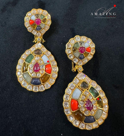 Silver Moissanite Polki Semi Precious Navratna Earring,  Polki Earrings, Indian Wedding Jewellery, Silver Earring, Wedding Jewelery, Earring