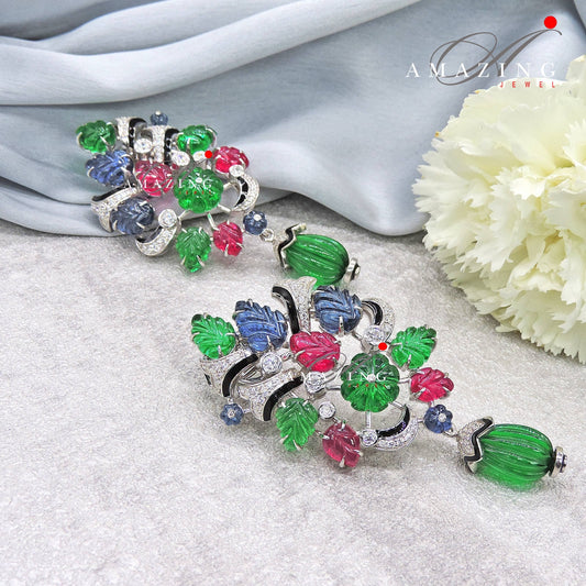 Silver Studded Cubic Zirconia Tutti Fruity Earring, Gemstone Earring, Contemporary Earring ,Silver Earring, Jewellery, Multi Stone Earring