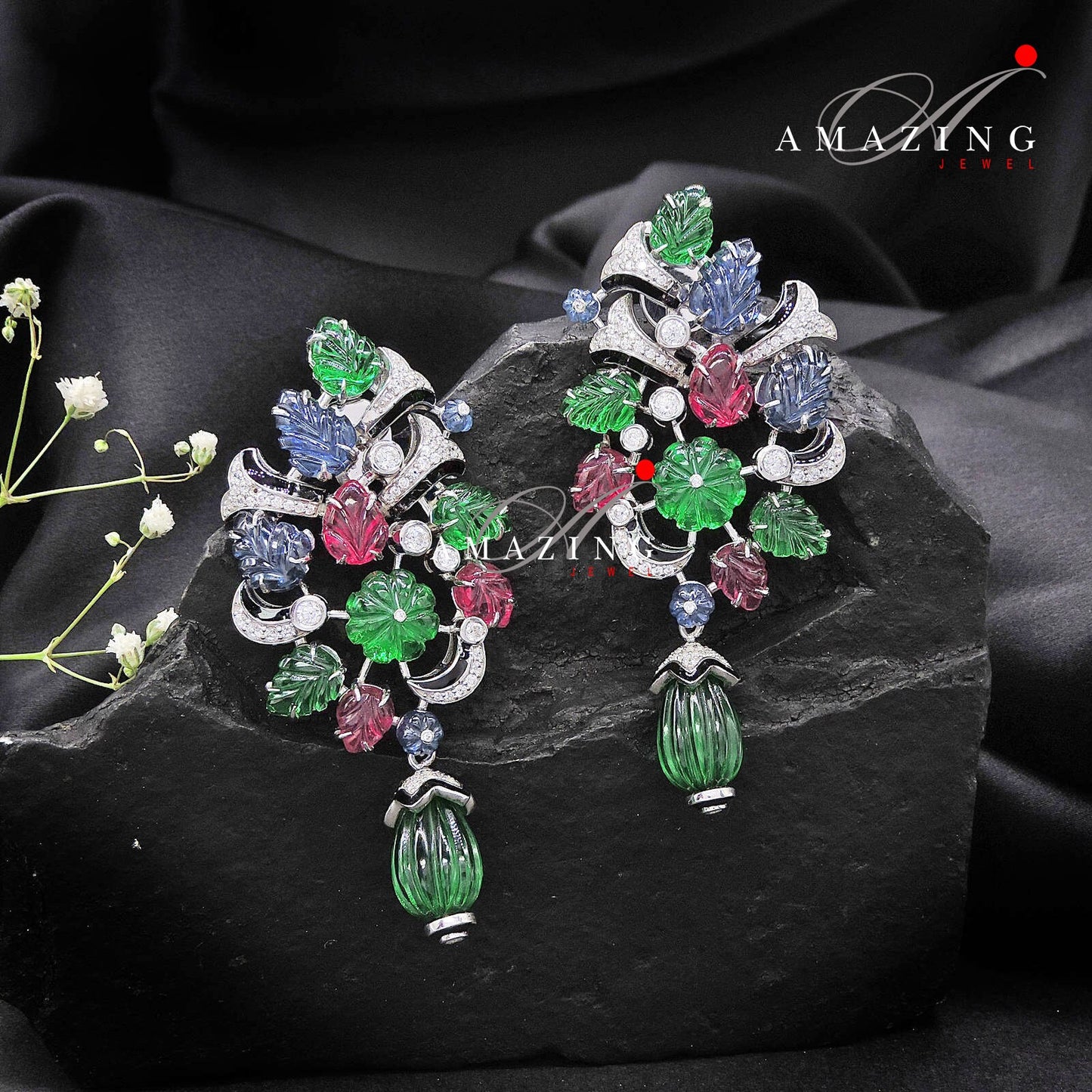 Silver Studded Cubic Zirconia Tutti Fruity Earring, Gemstone Earring, Contemporary Earring ,Silver Earring, Jewellery, Multi Stone Earring