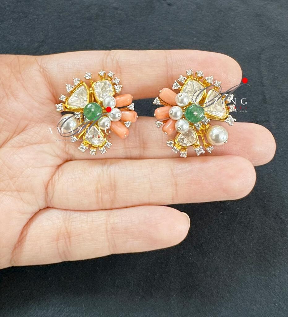 Silver Moissanite Polki withCoral&Emerald Earring, Moissanite Polki Stud, Wedding Jewellery, Everyday Wear Studs, Earring, Silver Polki Stud