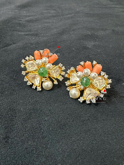 Silver Moissanite Polki withCoral&Emerald Earring, Moissanite Polki Stud, Wedding Jewellery, Everyday Wear Studs, Earring, Silver Polki Stud