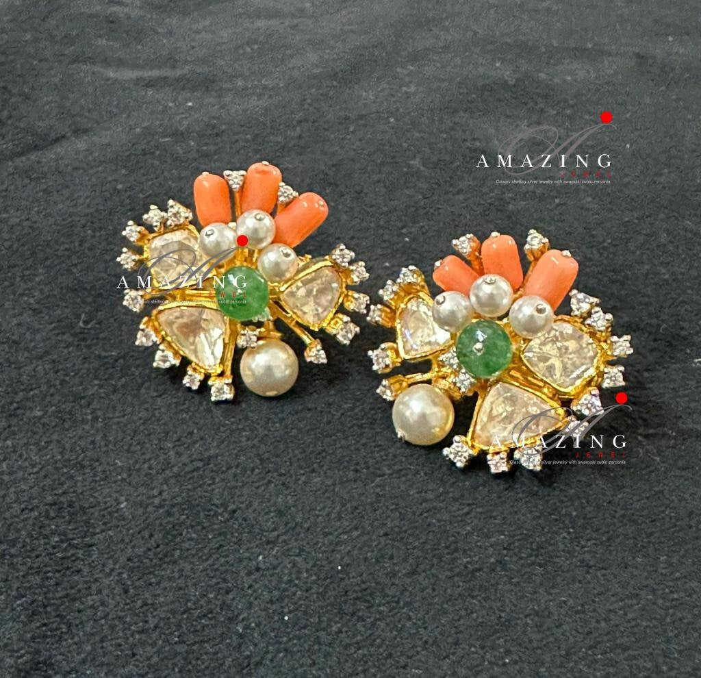 Silver Moissanite Polki withCoral&Emerald Earring, Moissanite Polki Stud, Wedding Jewellery, Everyday Wear Studs, Earring, Silver Polki Stud