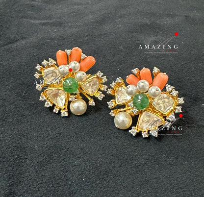 Silver Moissanite Polki withCoral&Emerald Earring, Moissanite Polki Stud, Wedding Jewellery, Everyday Wear Studs, Earring, Silver Polki Stud